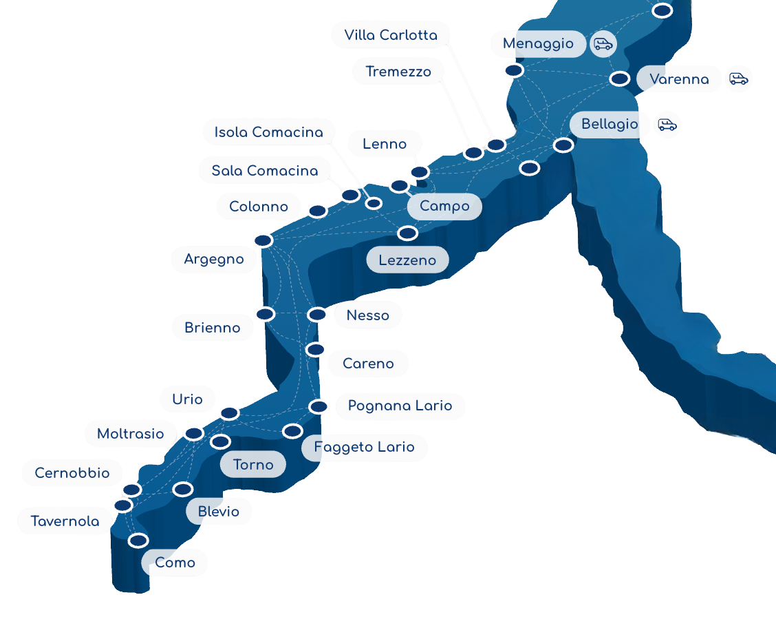 Map of Lake Como showing towns and ferry stops around the lake