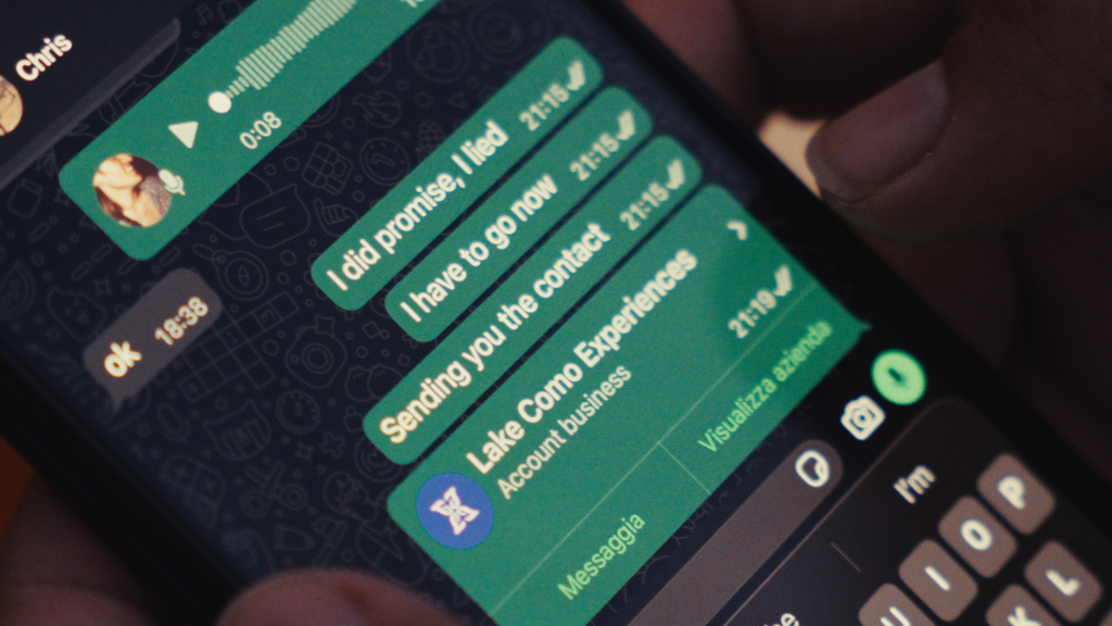A chat message displaying Lake Como Experiences WhatsApp Business contact